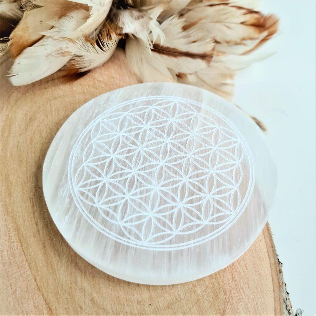 selenit - rund laddningsplatta Flower of life